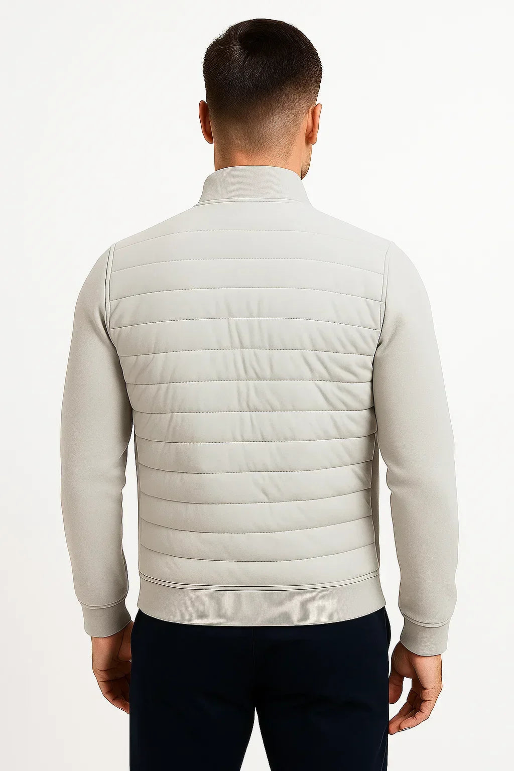 Men's hybrid jacket with quilted front, knitted sleeves and stand collar