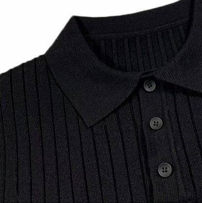 Men's ribbed long-sleeve polo sweater with collared neckline and button placket