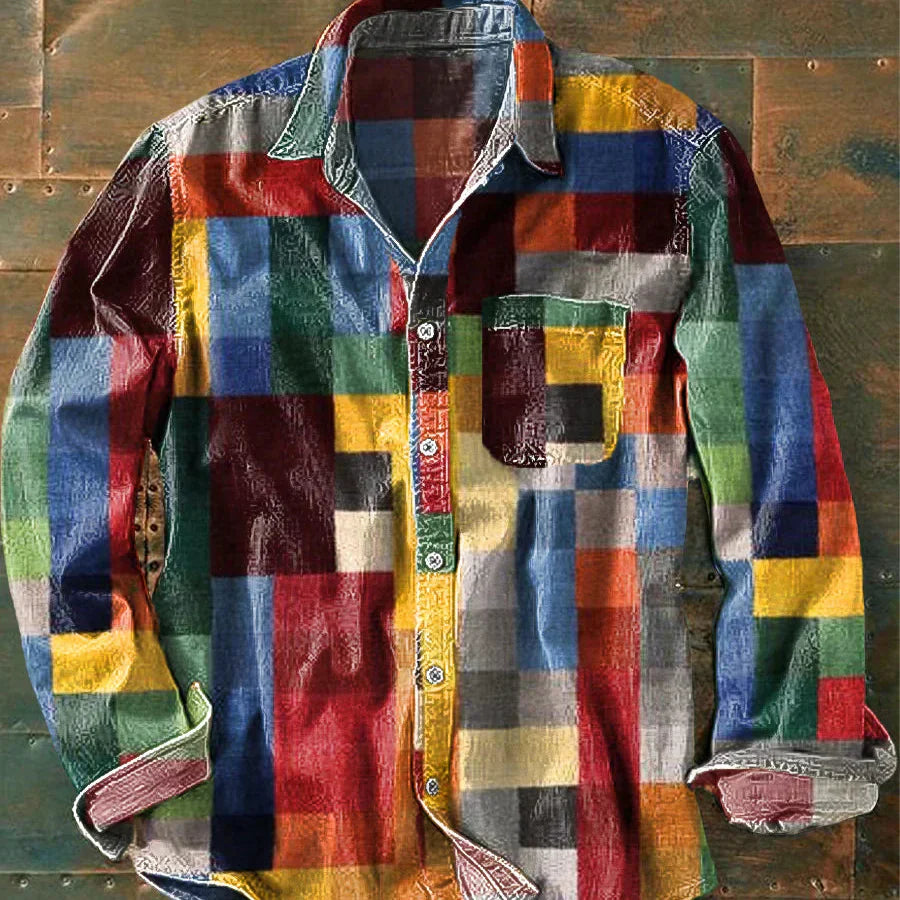 Men's Colourful Check Shirt, Long Sleeve Button-Down Casual Plaid Shirt for Everyday