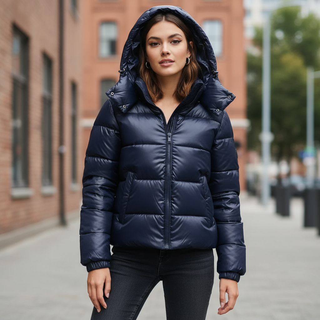 Hooded quilted puffer jacket with glossy finish and long sleeves