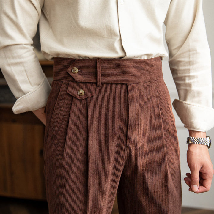 Men's corduroy pleated trousers with high-rise wide legs