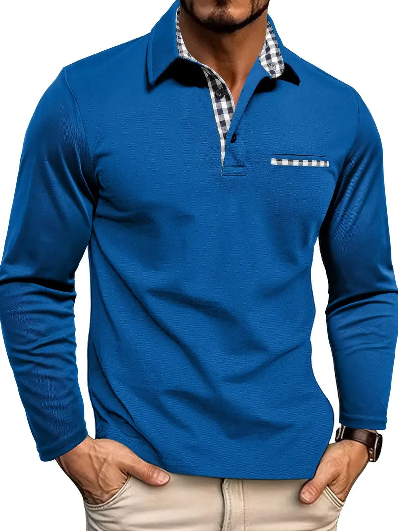 Men's Long Sleeve Polo Shirt, Slim Fit Check Detail Smart Casual Polo for Autumn