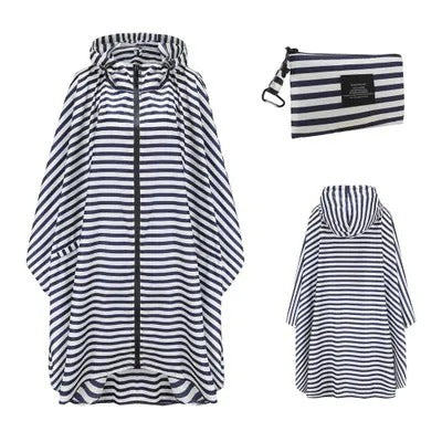 Patterned hooded rain poncho with zip front and matching pouch