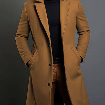 Men's tailored longline trench coat with lapels, buttons and angled side pockets
