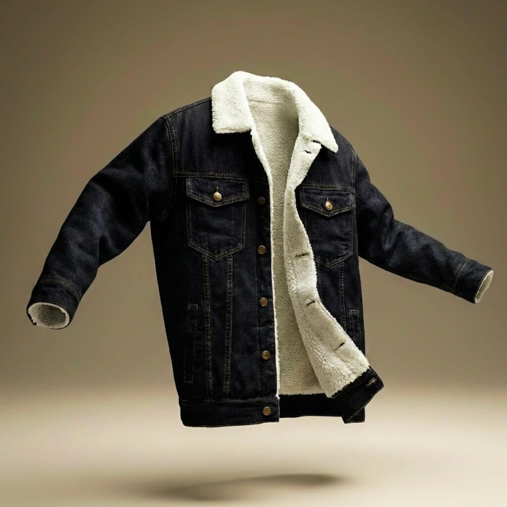 Men's jean-style jacket with contrasting shearling lining, turn-down collar and button front