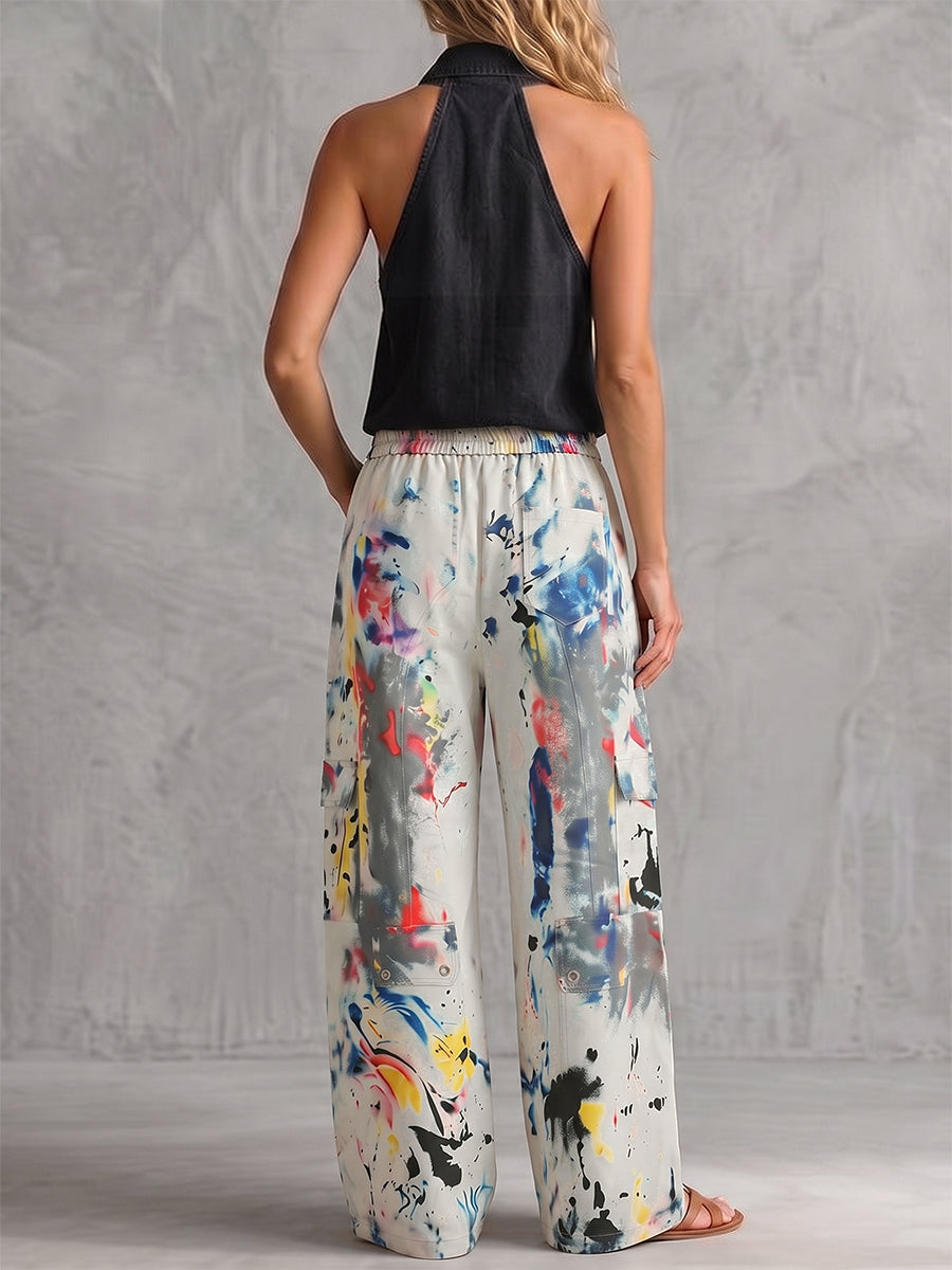 Women's high waisted wide leg jean with graffiti print in light grey