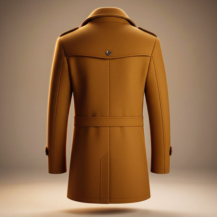 Structured long coat with high collar, lapels, button front and multiple pockets