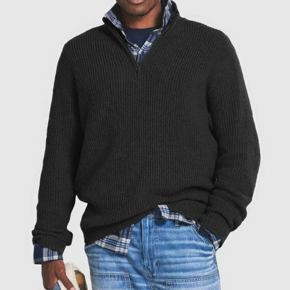 Men's ribbed quarter-zip jumper with raised collar and long sleeves