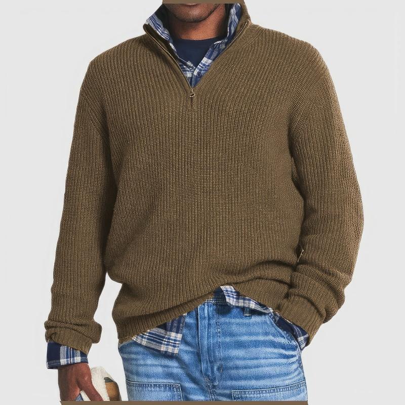 Men's ribbed quarter-zip jumper with raised collar and long sleeves