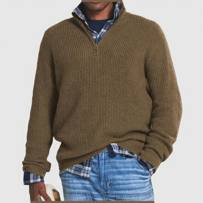 Men's ribbed quarter-zip jumper with raised collar and long sleeves