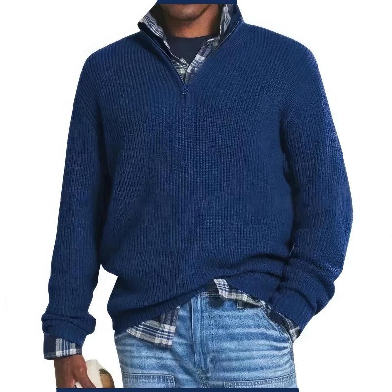 Men's ribbed quarter-zip jumper with raised collar and long sleeves