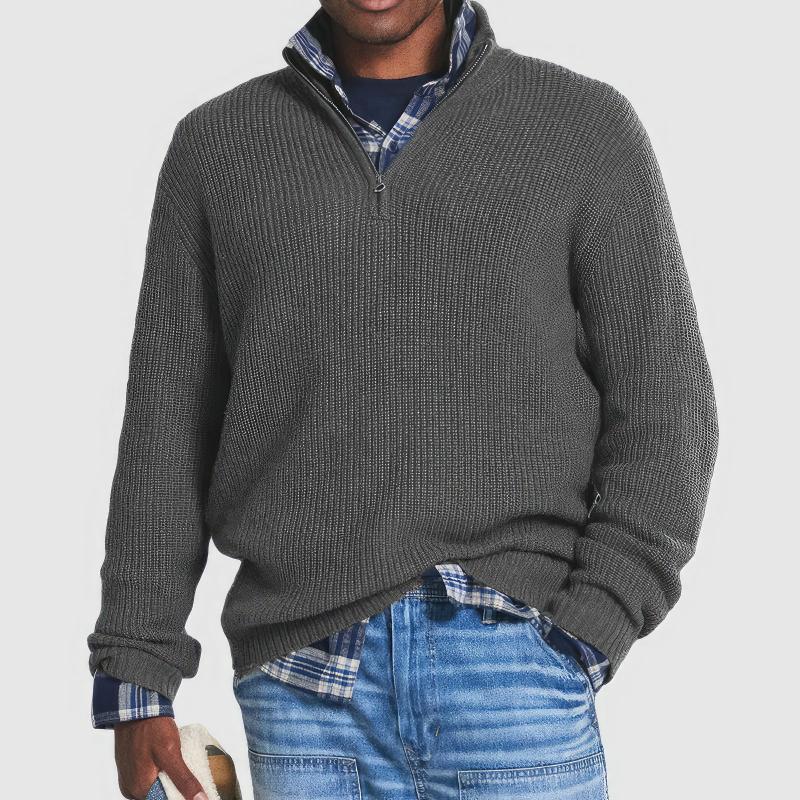 Men's ribbed quarter-zip jumper with raised collar and long sleeves