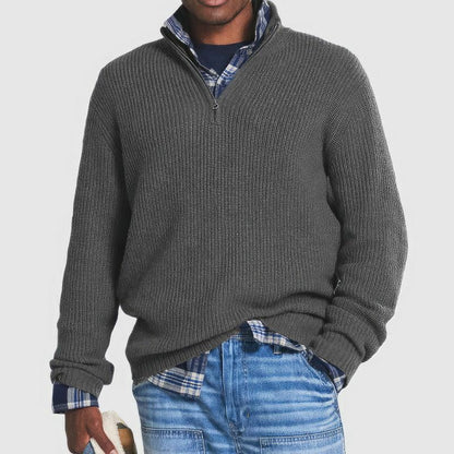 Men's ribbed quarter-zip jumper with raised collar and long sleeves