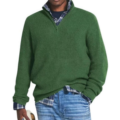 Men's ribbed quarter-zip jumper with raised collar and long sleeves