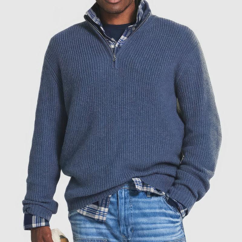 Men's ribbed quarter-zip jumper with raised collar and long sleeves