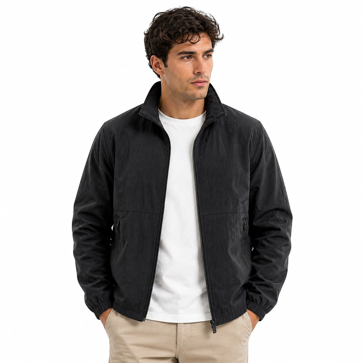 Men's plain windbreaker jacket with stand collar, long sleeves and zipped pockets