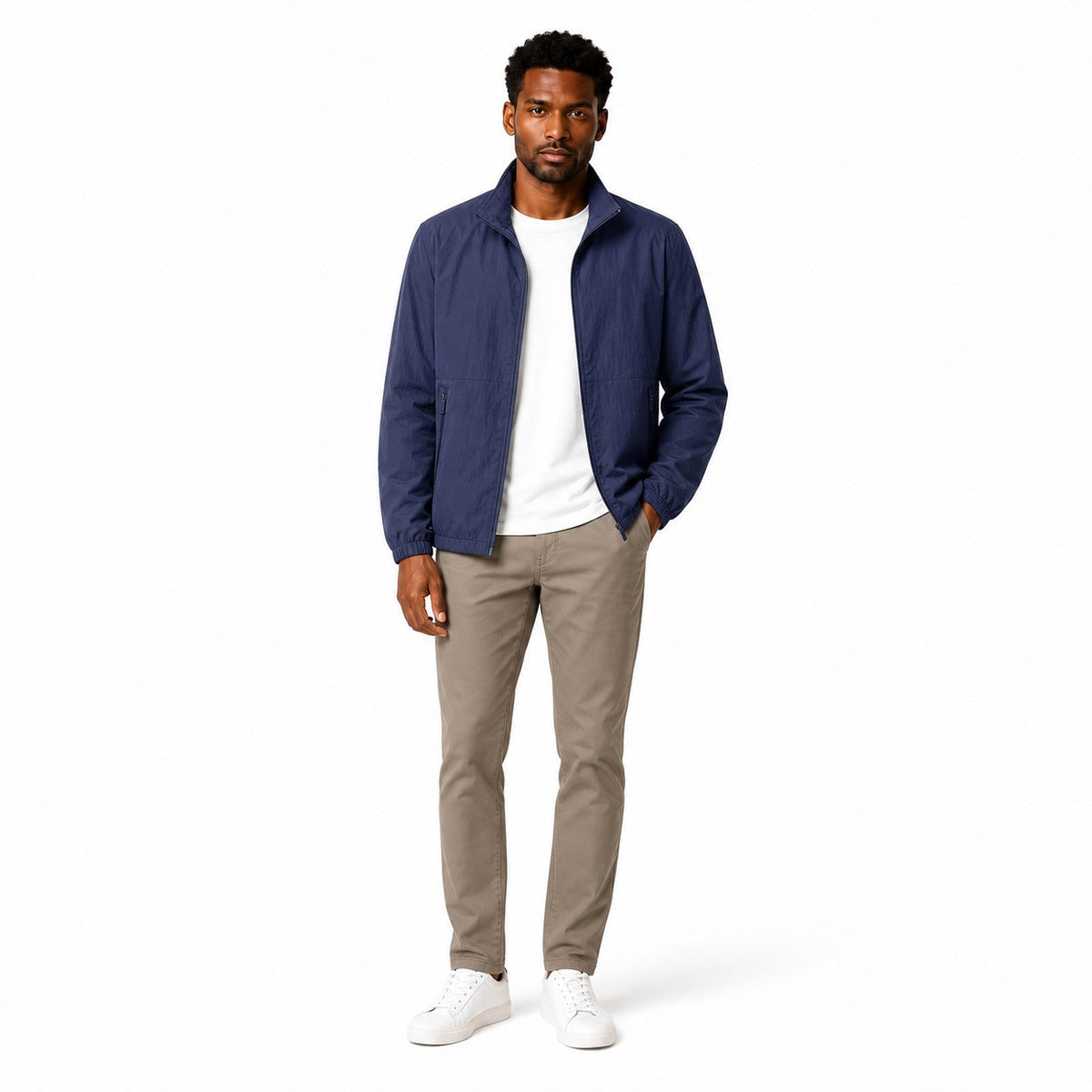 Men's plain windbreaker jacket with stand collar, long sleeves and zipped pockets
