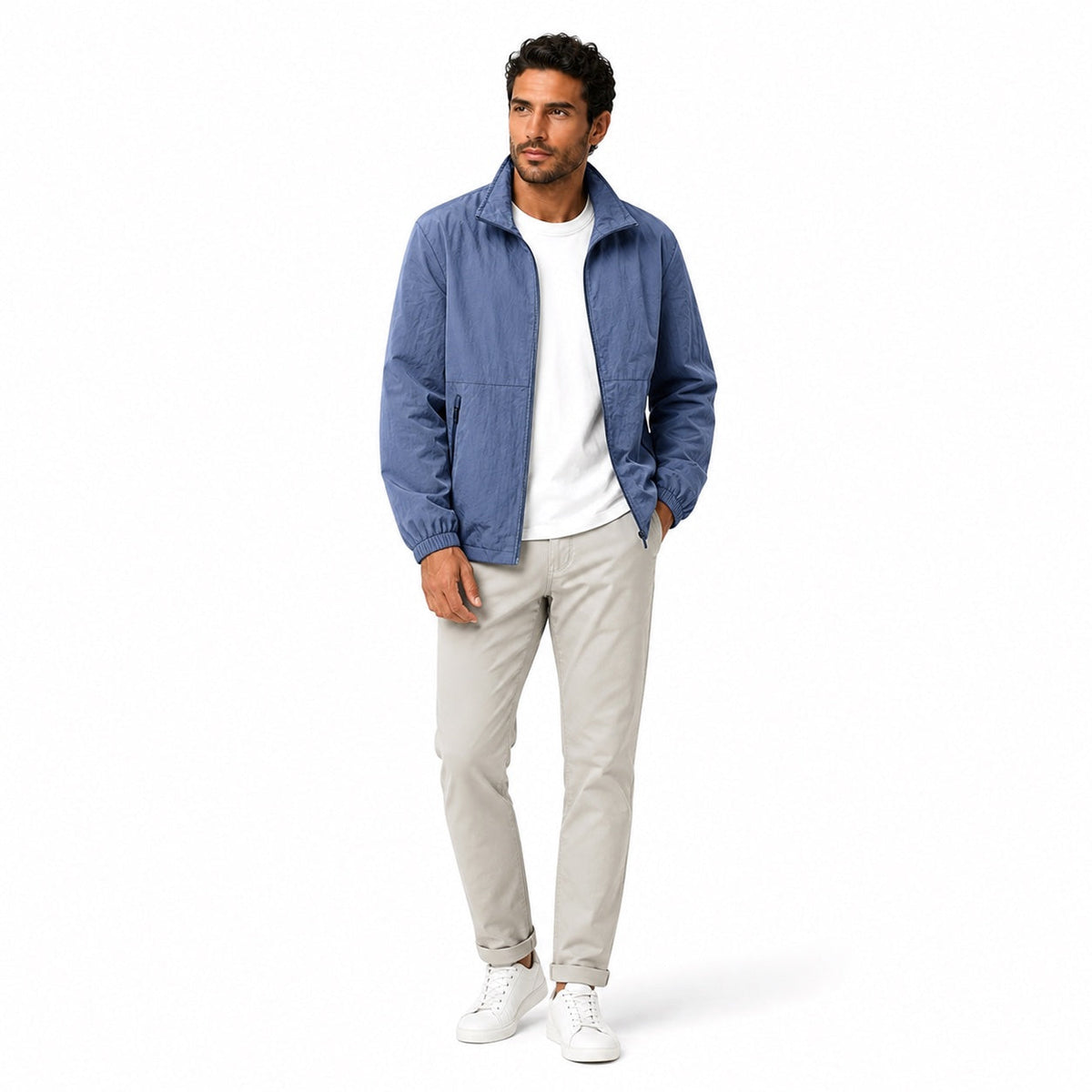 Men's plain windbreaker jacket with stand collar, long sleeves and zipped pockets