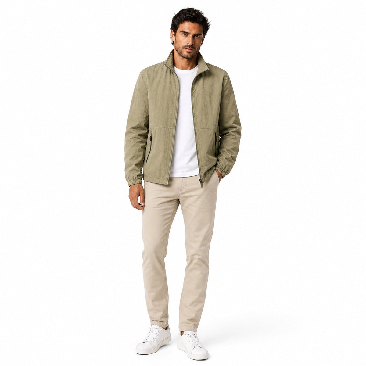 Men's plain windbreaker jacket with stand collar, long sleeves and zipped pockets