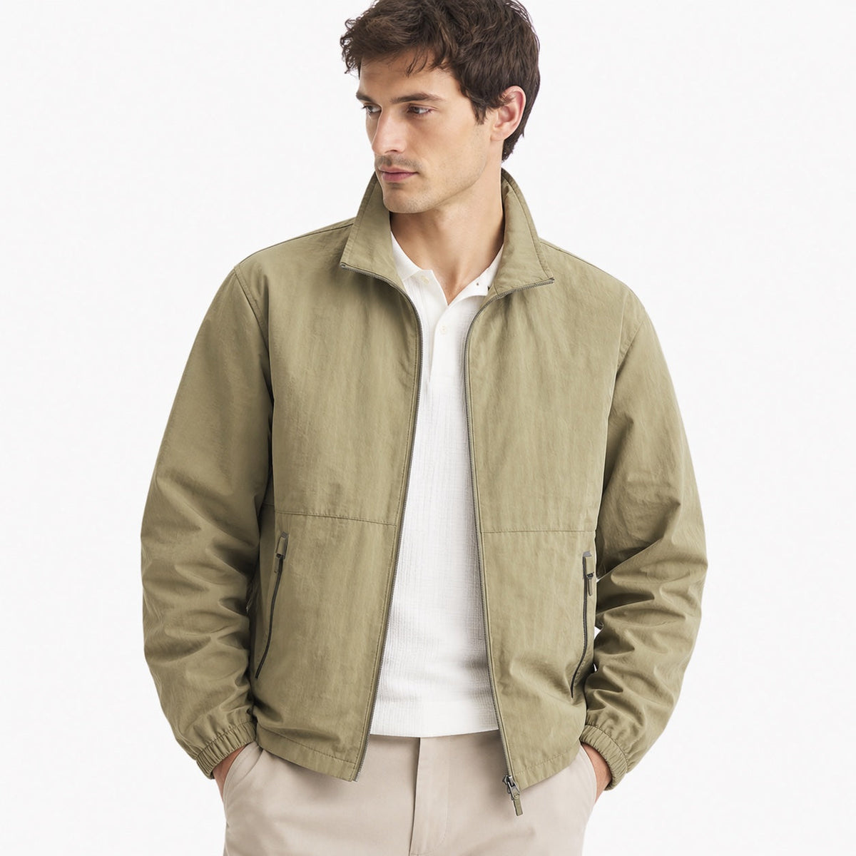 Men's plain windbreaker jacket with stand collar, long sleeves and zipped pockets