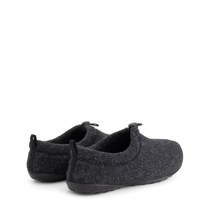 Dark grey unisex house slippers with toggle fastening and textured black soles