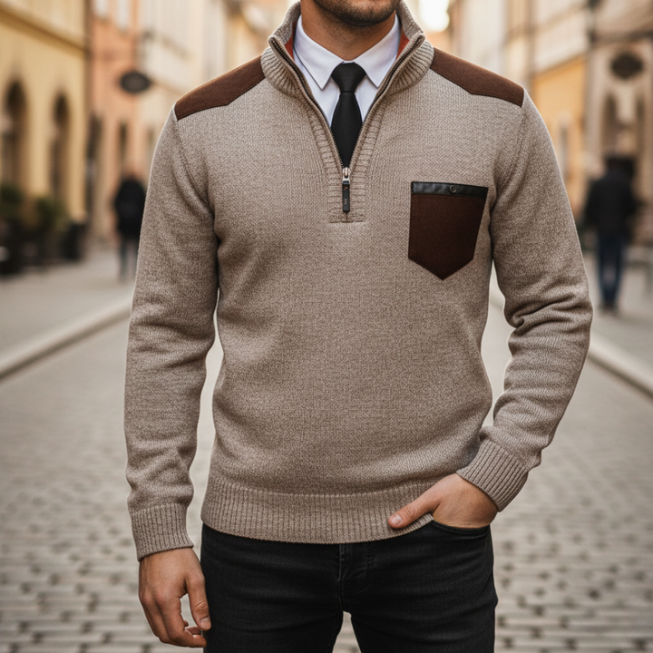 Men's half-zip sweater with mock neck and contrast details