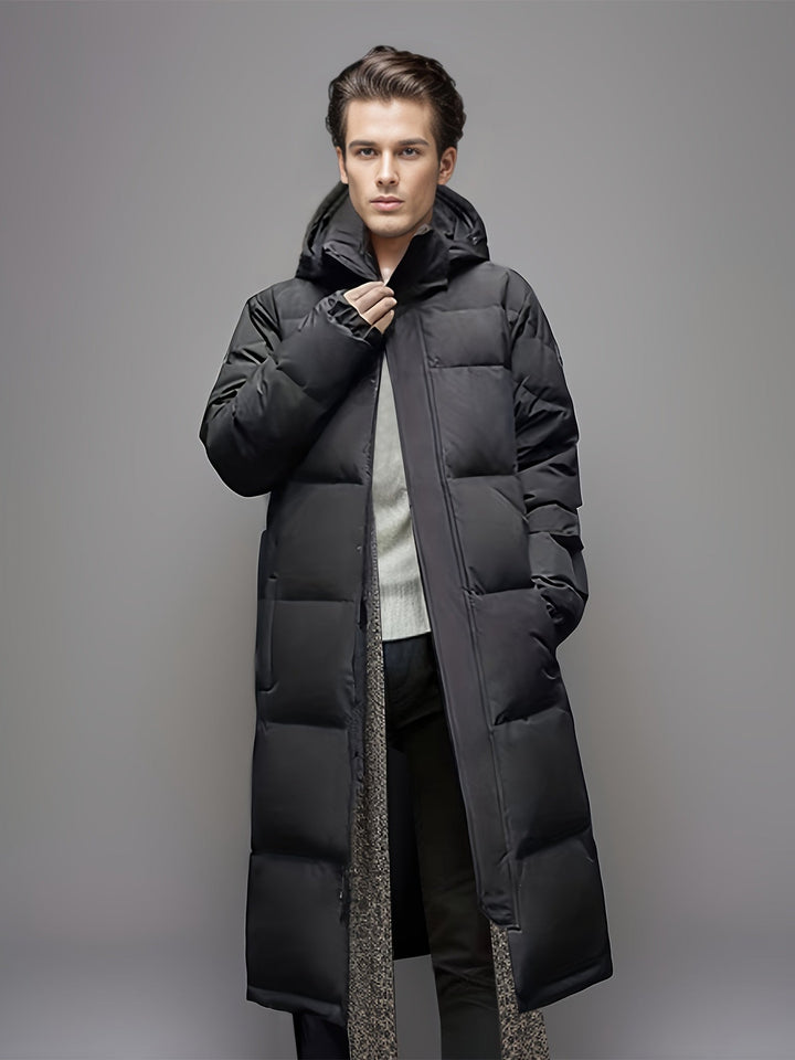 Men's black long hooded puffer coat with quilted panels