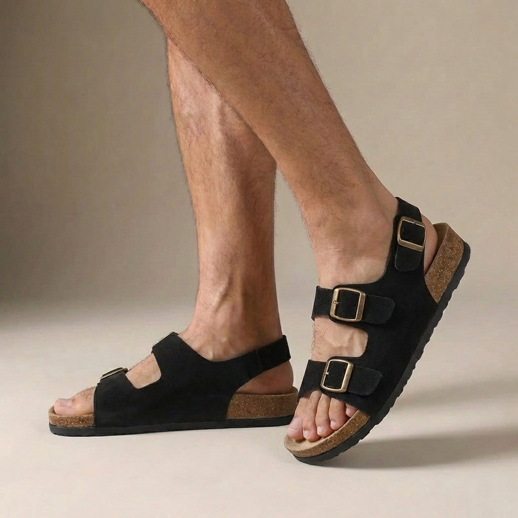 Men's Cork Sole Sandals, Buckle Strap Ergonomic Open Toe Summer Sandals