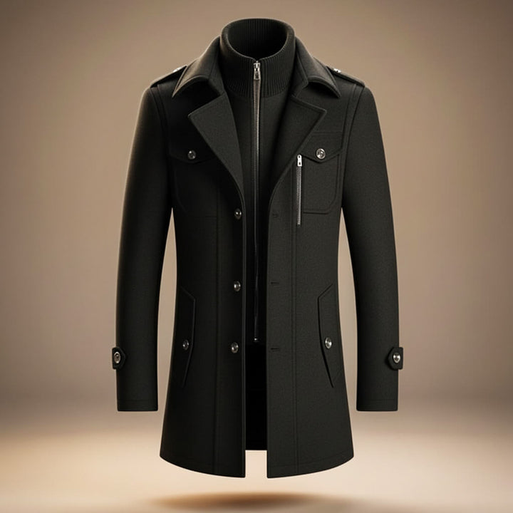 Structured long coat with high collar, lapels, button front and multiple pockets