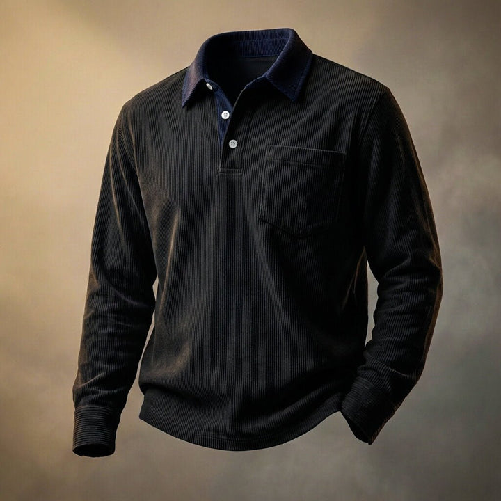 Men's long-sleeve corduroy polo shirt with point collar and chest pocket
