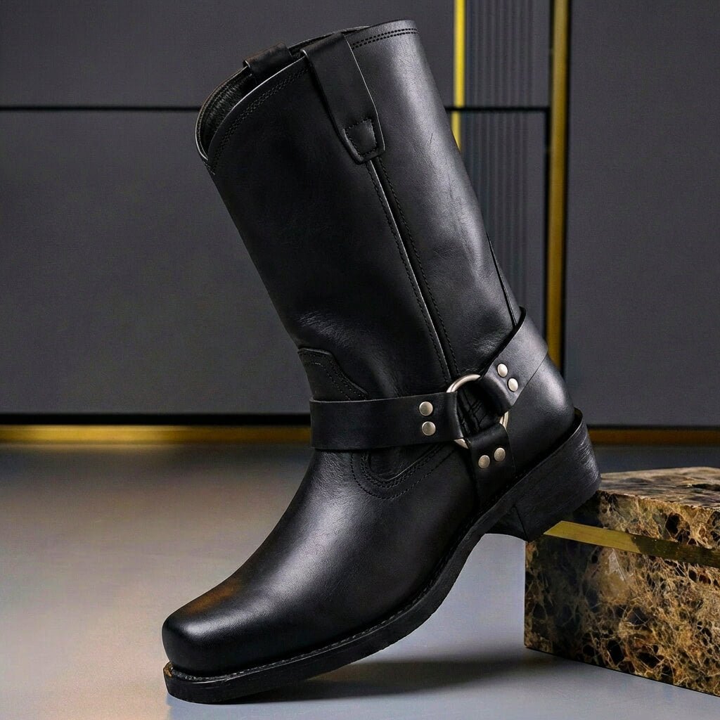 Tall biker boots with buckle straps, side zip and low block heel