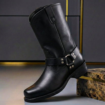 Tall biker boots with buckle straps, side zip and low block heel