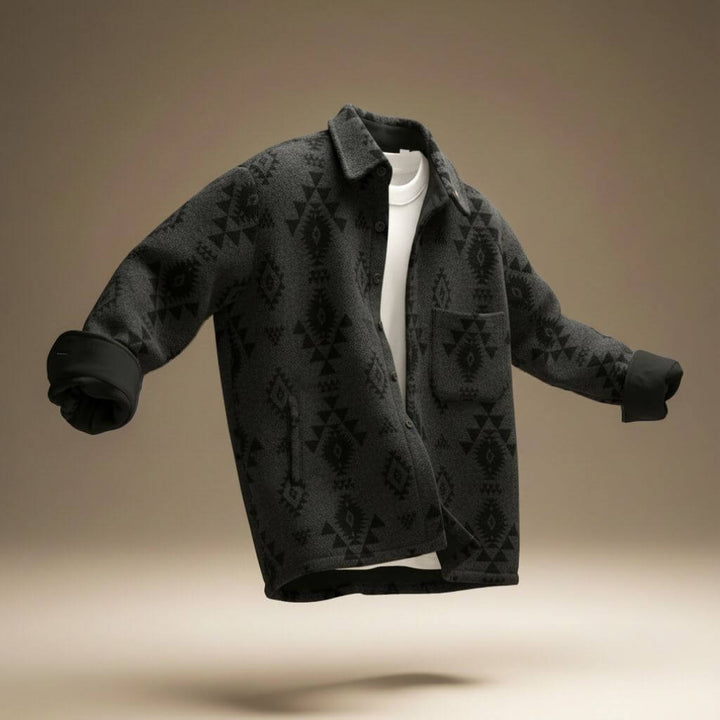 Geometric pattern men's button-front jacket with collar, long sleeves and front pockets