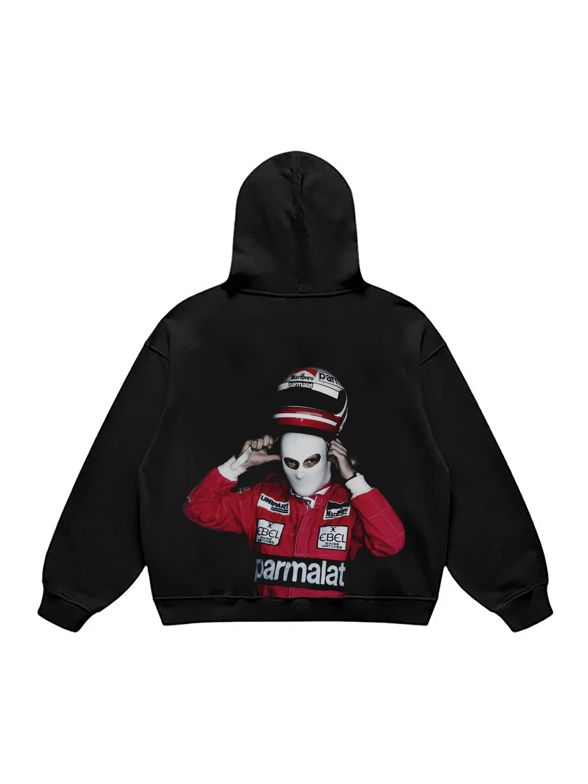 Black hoodie with red racing helmet and masked driver graphics