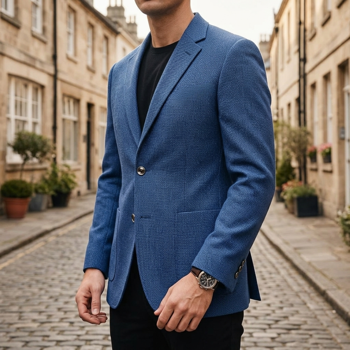 Men's slim fit textured blazer with notch lapels, long sleeves and front buttons