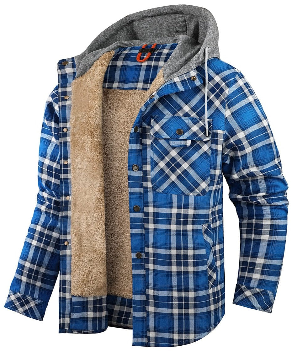 Men's checked hooded jacket with button front and contrasting lining
