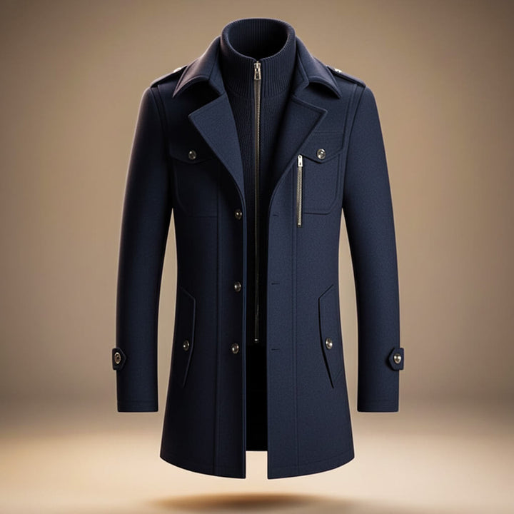 Structured long coat with high collar, lapels, button front and multiple pockets