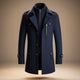 Structured long coat with high collar, lapels, button front and multiple pockets