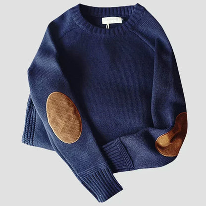 Men's knitted crew neck jumper with contrasting elbow patches and ribbed trims