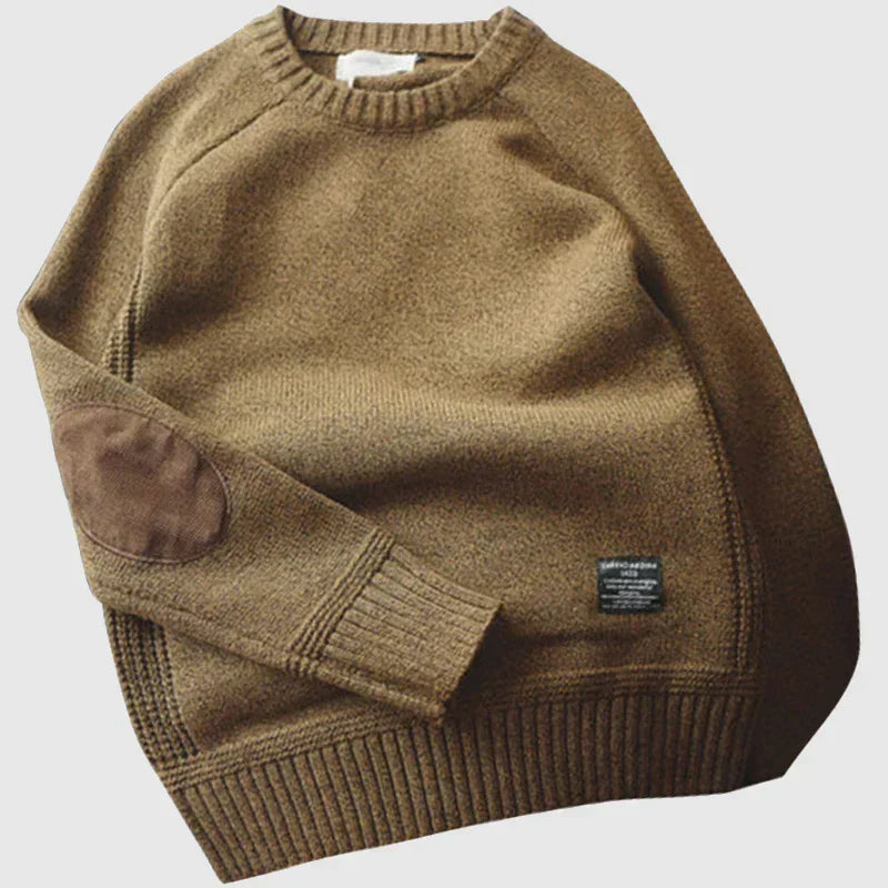 Men's knitted crew neck jumper with contrasting elbow patches and ribbed trims
