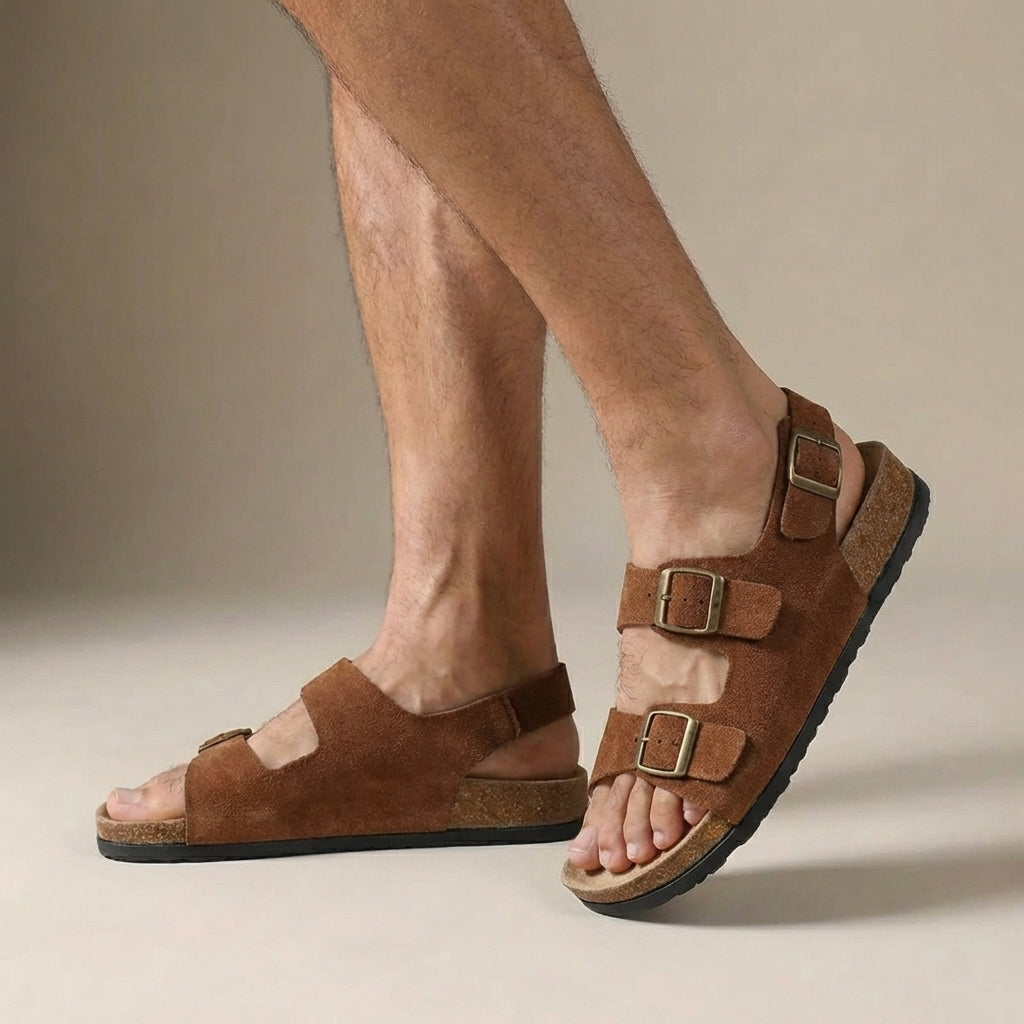 Men's Cork Sole Sandals, Buckle Strap Ergonomic Open Toe Summer Sandals