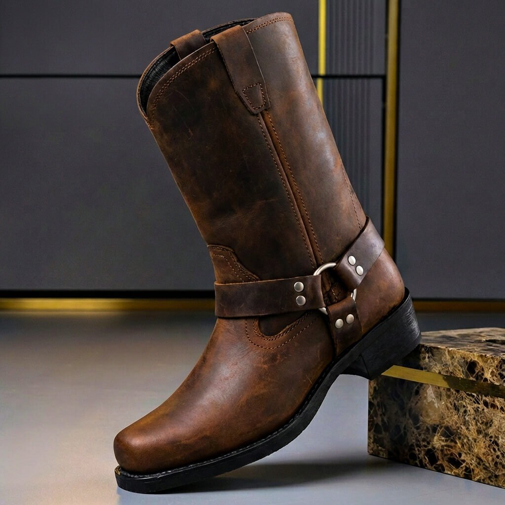 Tall biker boots with buckle straps, side zip and low block heel