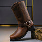 Tall biker boots with buckle straps, side zip and low block heel