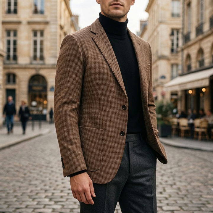 Men's slim fit textured blazer with notch lapels, long sleeves and front buttons