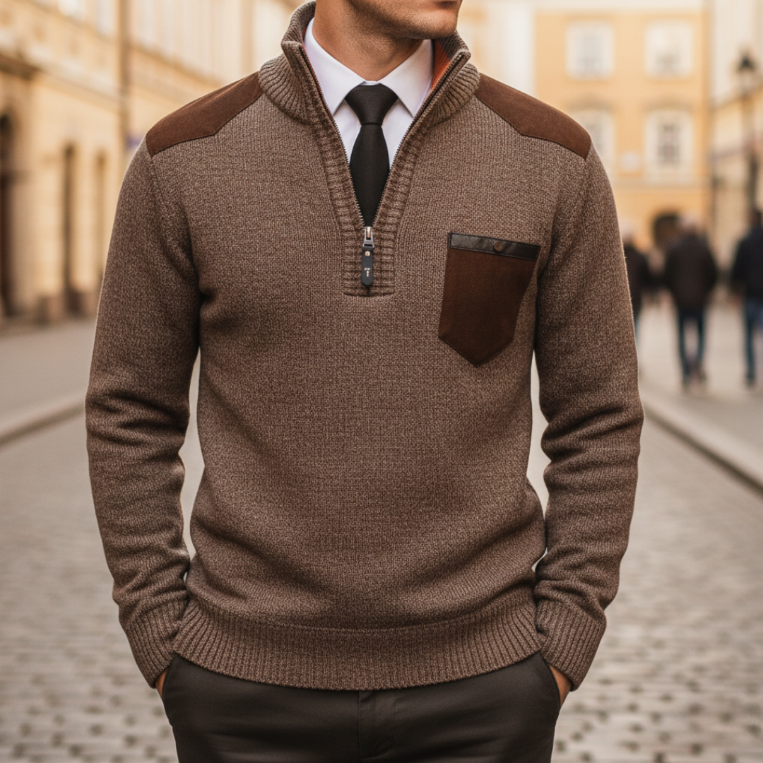 Men's half-zip sweater with mock neck and contrast details