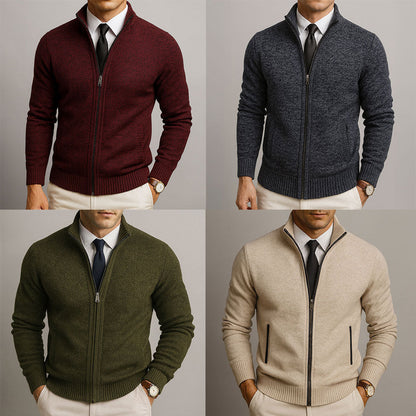 Men's zip-up mock neck cardigan with long sleeves, ribbed trims and front zip pockets