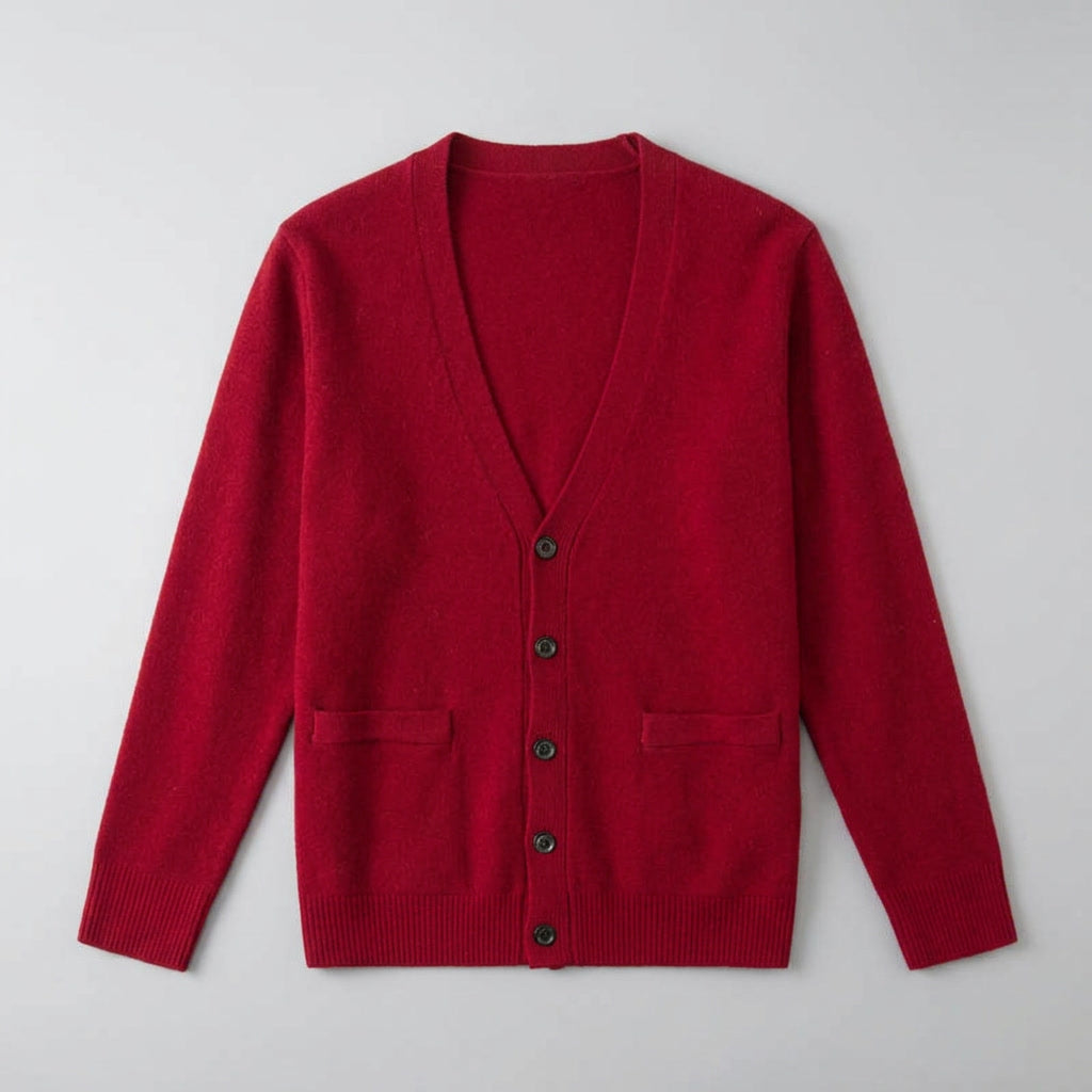 Men's V-neck button cardigan with long sleeves, ribbed trims and front pockets