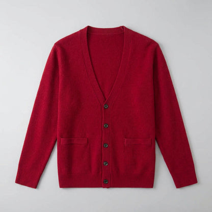 Men's V-neck button cardigan with long sleeves, ribbed trims and front pockets