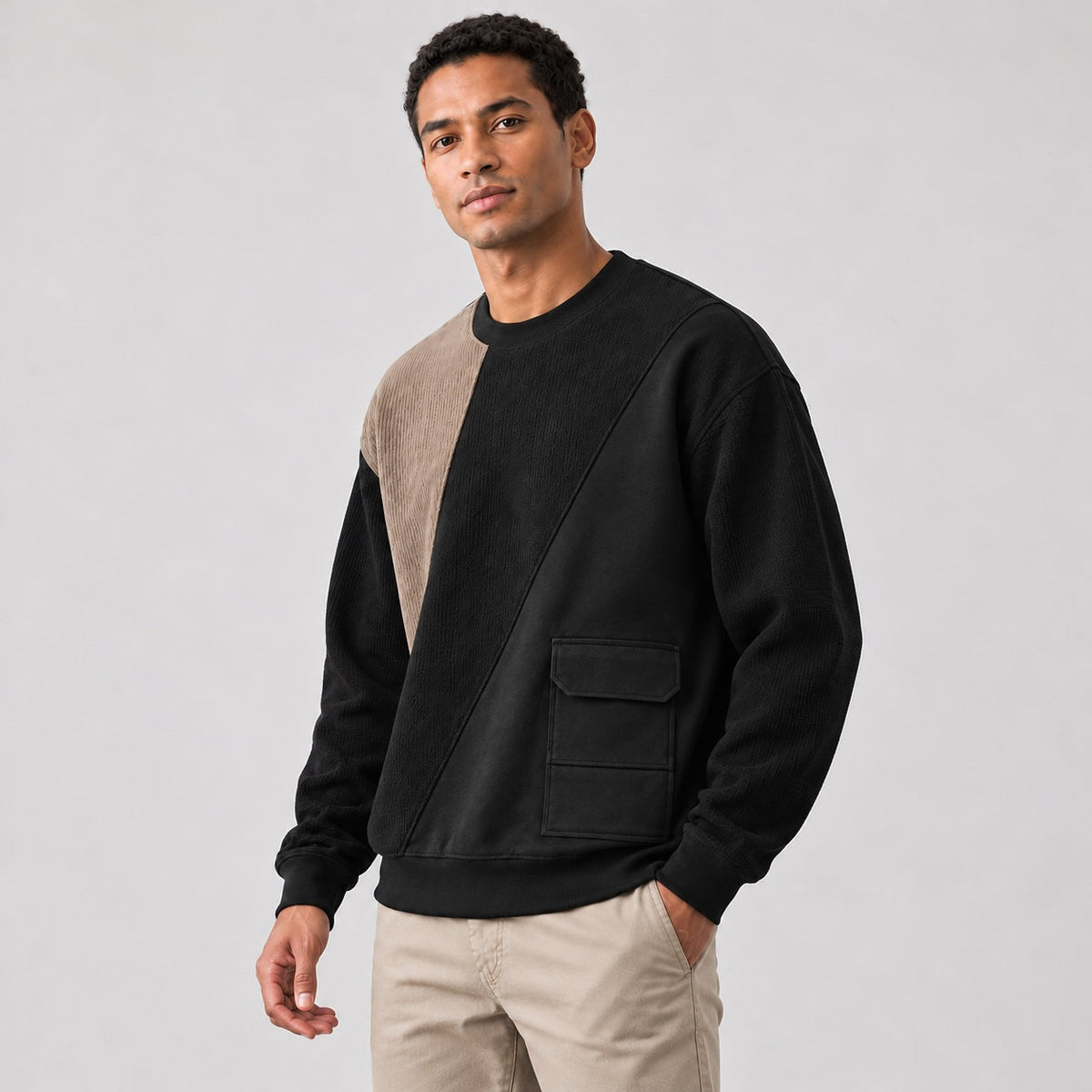 Unisex colour block ribbed sweatshirt with crew neck, long sleeves and front patch pockets