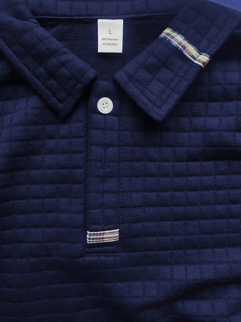 Men's long-sleeve quilted polo shirt with button placket and zipped sleeve pocket